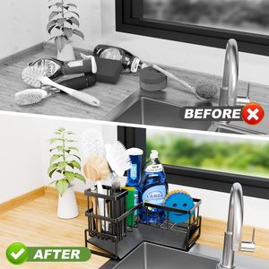 Étagère de rangement en forme de L pour évier avec plateau d'égouttage pour comptoir de cuisine, support pour éponge et brosse à vaisselle, design étanche - Product Image 2