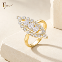 Bijoux FJ Fallon, anneaux en forme de marquise avec halo de CZ blancs, plaqués or 14 carats, base en laiton bicolore