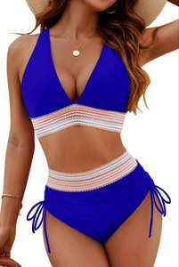 Conjunto de bikini sexy para mujer, cuello en V, cintura alta, parte inferior fruncida con ribete colorido, traje de baño de dos piezas - Product Image 2