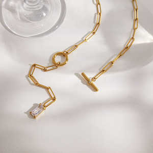 J&amp;D Original Design Classic CZ <strong>Toggle</strong> Y <strong>Necklace</strong> 18K Gold Stainless Steel Fashion Cubic Zircon T Bar Paper Clip Link <strong>Necklace</strong> - Product Image 6