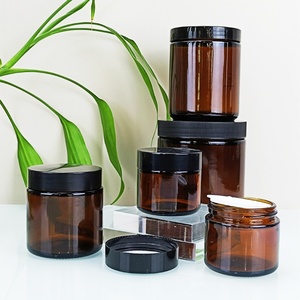 1oz 2oz 4oz 8oz Straight Sided Round Amber Glass Cosmetic <b>Jar</b> with Black Plastic Lid BPA Free Container - Product Image 1