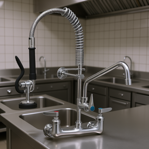 Grifo de Cocina Comercial de 21 Pulgadas de Altura, Doble Manija, Construcción de Latón, Rociador Extraíble, Montaje en Pared, Estilo Industrial - Product Image 2