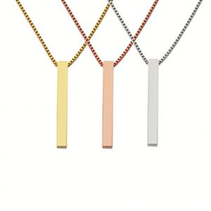 Initial Angel Number Engraved Long Real Gold Stainless Steel Cube Necklace Blank With Pendant Horizontal Bar Jewelry - Product Image 1