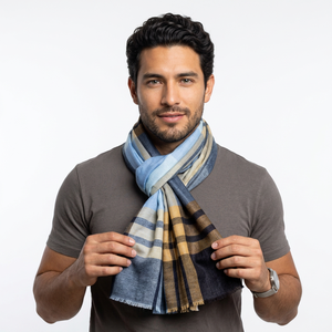Lightweight Fine Merino Wool Designer Hand Loom Woven Dobby Checkered Long Length Scarf Shawl Soft Cozy Neck Wrap Fringes Men's - Product Image 5