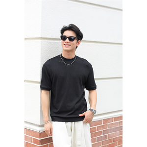 เสื้อยืดคอกลมถักสำหรับผู้ชาย ผ้าฝ้ายผสมวิสโคสอะคริลิกเนื้อนุ่ม แขนสั้น ผสมขนสัตว์อย่างดี สำหรับฤดูใบไม้ผลิและฤดูร้อน สไตล์ลำลองสมาร์ท - Product Image 1