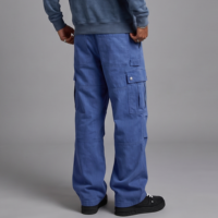 Celana Cargo Pria Model Barrel Leg Vintage Warna Biru Dicuci dengan Panel Lutut Ganda, Kantong Lipat, Tali Serut, Kancing Pinggang, Streetwear, Logo Custom