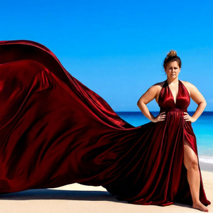 Vestido de satén de seda magenta elegante con cuello halter, lujoso y de color rosa intenso, ideal para sesiones de fotos en la playa y ropa de vacaciones premium. - Product Image 1
