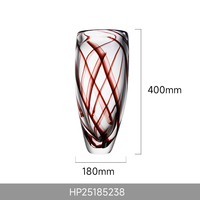 Jarrón de Vidrio Soplado a Mano Artístico con Patrón de Líneas Rojas Pintadas a Mano, Cuerpo de Cristal Transparente, Centro de Mesa de Lujo para Decoración del Hogar y Hoteles
