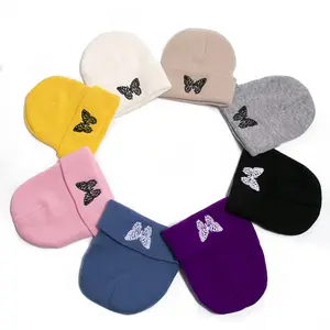 multi color custom embroidery butterfly acrylic plain color women female cuffed knitted winter beanie hat