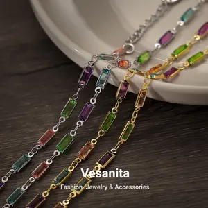 Vesanita Online Hot Sale 18k Gold Plated Brass Women Luxury Candy Color Colorful Square Glass Bar Rainbow Necklace Jewelry