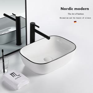 Ceramic Countertop <b>Basin</b> <b>Round</b> White With Black Rim Single Sink For Bathroom Easy Cleaning - Product Image 4