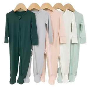 Newborn Baby Clothes Kids Clothing Natural Fabric Plain Solid Color Long Sleeves 100% Bamboo Footie Zipper Baby Pajamas