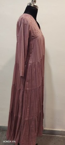Velvet Woven Asymmetric <b>Maxi</b> Dress V Neck Long Sleeve Embroidered Pleated Loose Fit Autumn Casual Solid Color Layered Hem - Product Image 3