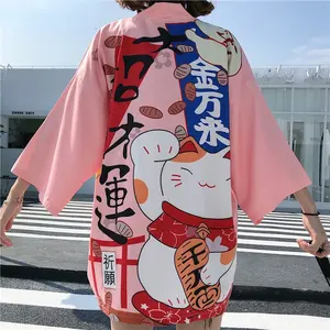 Kimono Kucing Keberuntungan Merah Wanita Jepang Yukata Baju Asia Baju Kardigan Longgar Tradisional Gaya Jepang Haori