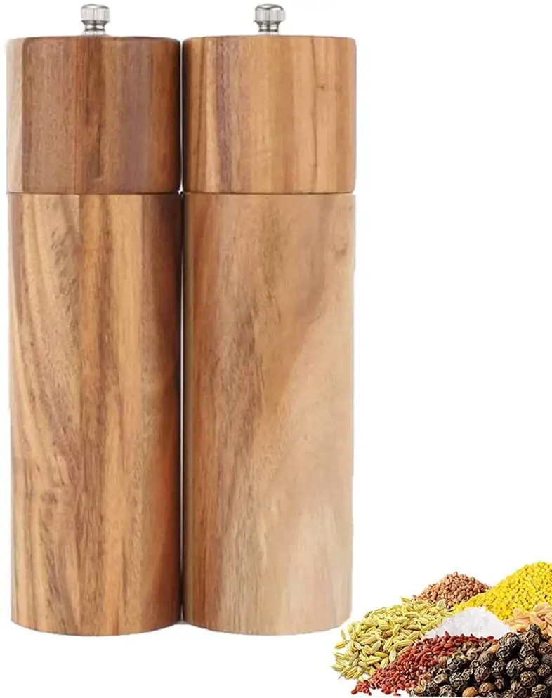 Wooden Salt and Pepper Grinder Set, Manual, Acacia Wood, 8" - Elegant Salt Grinder and Pepper Grinder Mill for Seasoning, Cookin