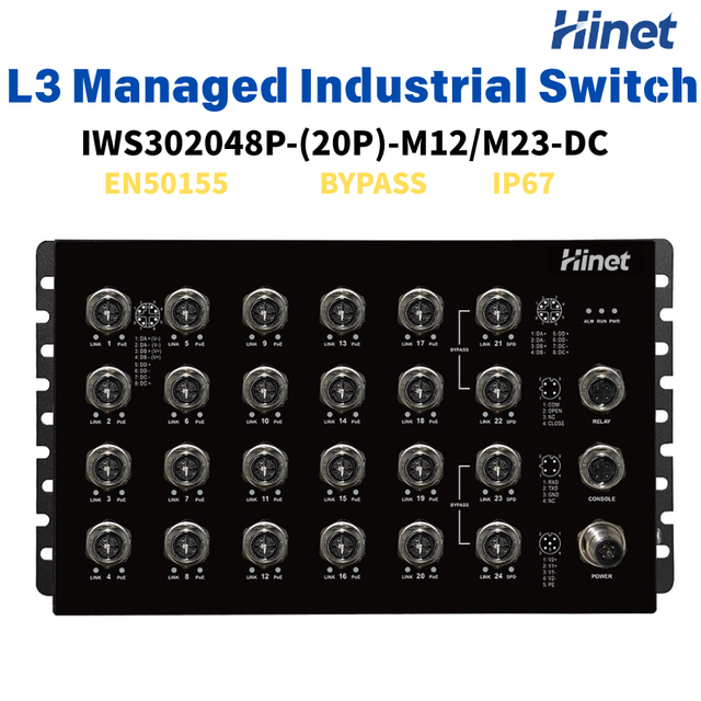 EN50155 Railway Industrial Ethernet Switch IP67 L3 Managed 20/24-Port M12 Optional PoE Function 4 Gigabit Bypass Ports SNMP QoS
