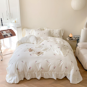 Rửa sạch Bộ đồ Giường Bông đặt hoa hồng thêu hoa giường đặt Duvet cover Quilt Cover vỏ gối phẳng tấm mềm Nhà phòng ngủ - Product Image 1