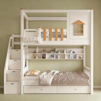 Massivholz Doppelstockbett Multifunktionales Etagenbett mit Hoch-Niedrig-Schutzgeländer Kombinationsbett für Kinder Paralleles Bett-Design