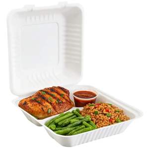 ProTakeOut [8 X 8/9 X 9] Contenants à charnières en bagasse à 3 compartiments, lot de 200 (100/2), sans PFAS, blancs, compostables, compatibles micro-ondes - Product Image 3