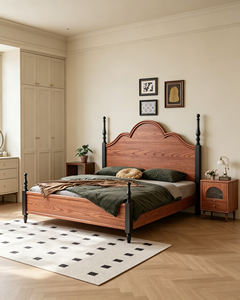 Base de Cama de Madera Maciza Premium con Cabecero Tallado Estilo Francés Vintage, Patas Negras Torneadas, Mueble de Dormitorio Bicolor, Cama Doble de Madera Estable para el Hogar - Product Image 3