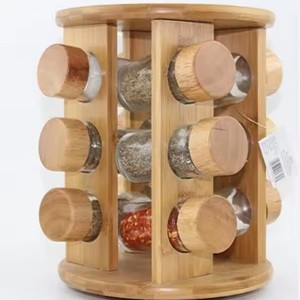 Bamboo <b>Spice</b> Rack With 12 Glass <b>Jars</b> Wooden Lids Kitchen Storage Organizer For <b>Spices</b> - Product Image 3