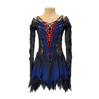Robe de patinage artistique pour enfants et adultes, noire, bleue, rouge, en maille, à manches longues, avec strass et motif toile d'araignée au dos, pour compétition et spectacle