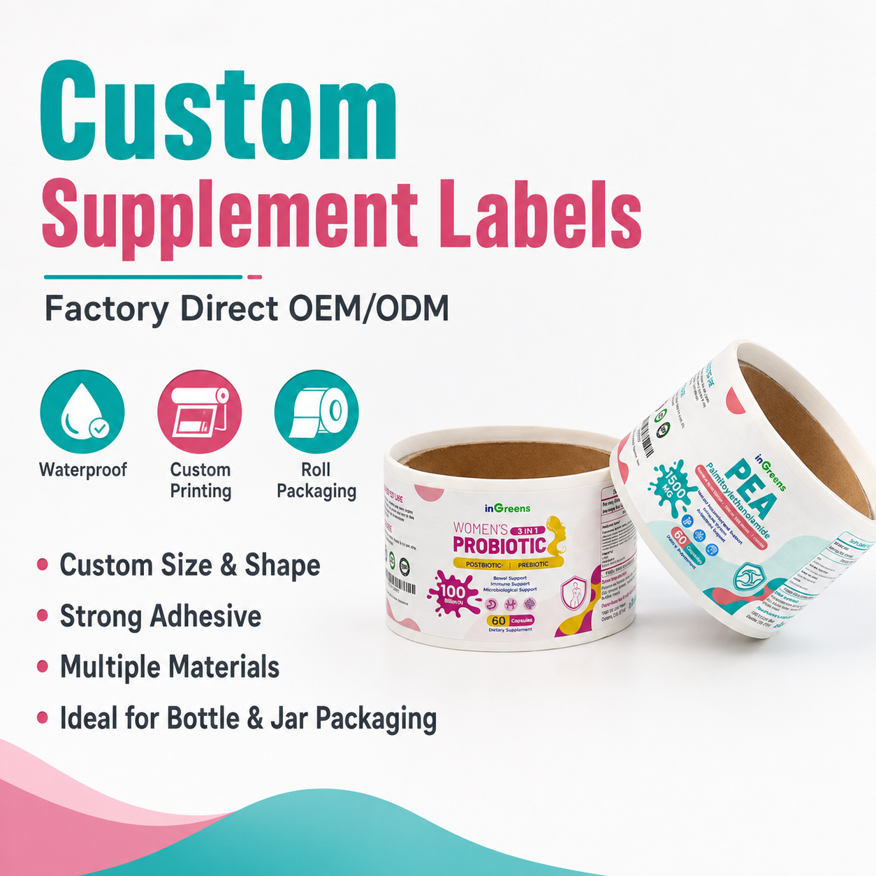 Custom Women Probiotic And PEA Supplement Bottle Labels Nutraceutical Packaging Labels BOPP Sticker Rolls For Capsule Bottles