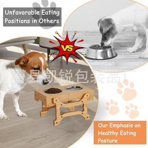 Comedero elevado de madera para mascotas con soporte doble para gatos y perros, con tazones para comida y agua - Product Image 4
