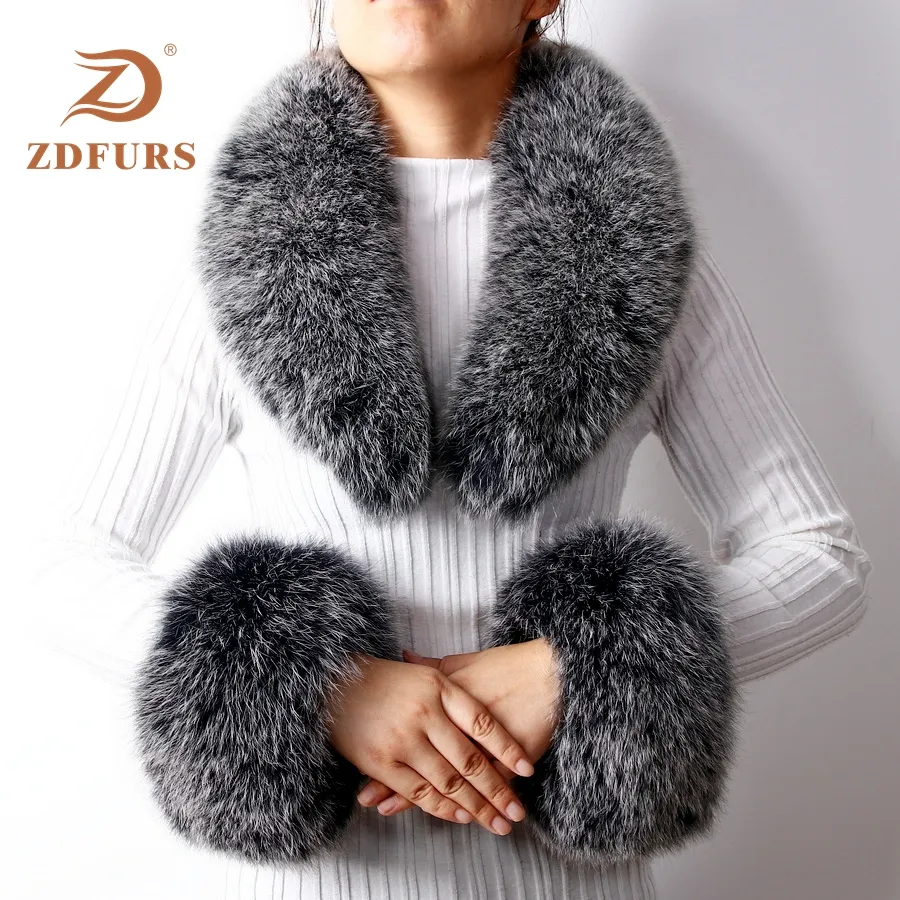 Zdfurs * 2019 Mới Đến Bất Fox Fur / Raccoon Lông Cổ Áo Còng Phụ Nữ Mùa Đông Thời Trang Lông Cổ Áo Và Cuff Một Bộ