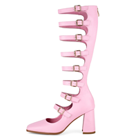 Bottes montantes au genou à lanières à boucle pour femmes talon bloc chaussures de fête gothiques Mary Jane
