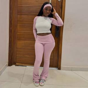 Set <span class=keywords><strong>Yoga</strong></span> Y2K Personalizzato 2 Pezzi per Donna, Maglietta Aderente a Maniche Lunghe e <span class=keywords><strong>Pantaloni</strong></span> a Zampa, Completo Loungewear Due Pezzi - Product Image 4