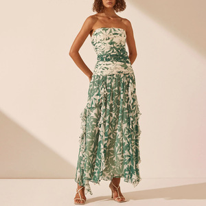 Robe longue en mousseline de soie à imprimé floral sans bretelles, taille empire plissée, robe de soirée pour femmes - Product Image 1