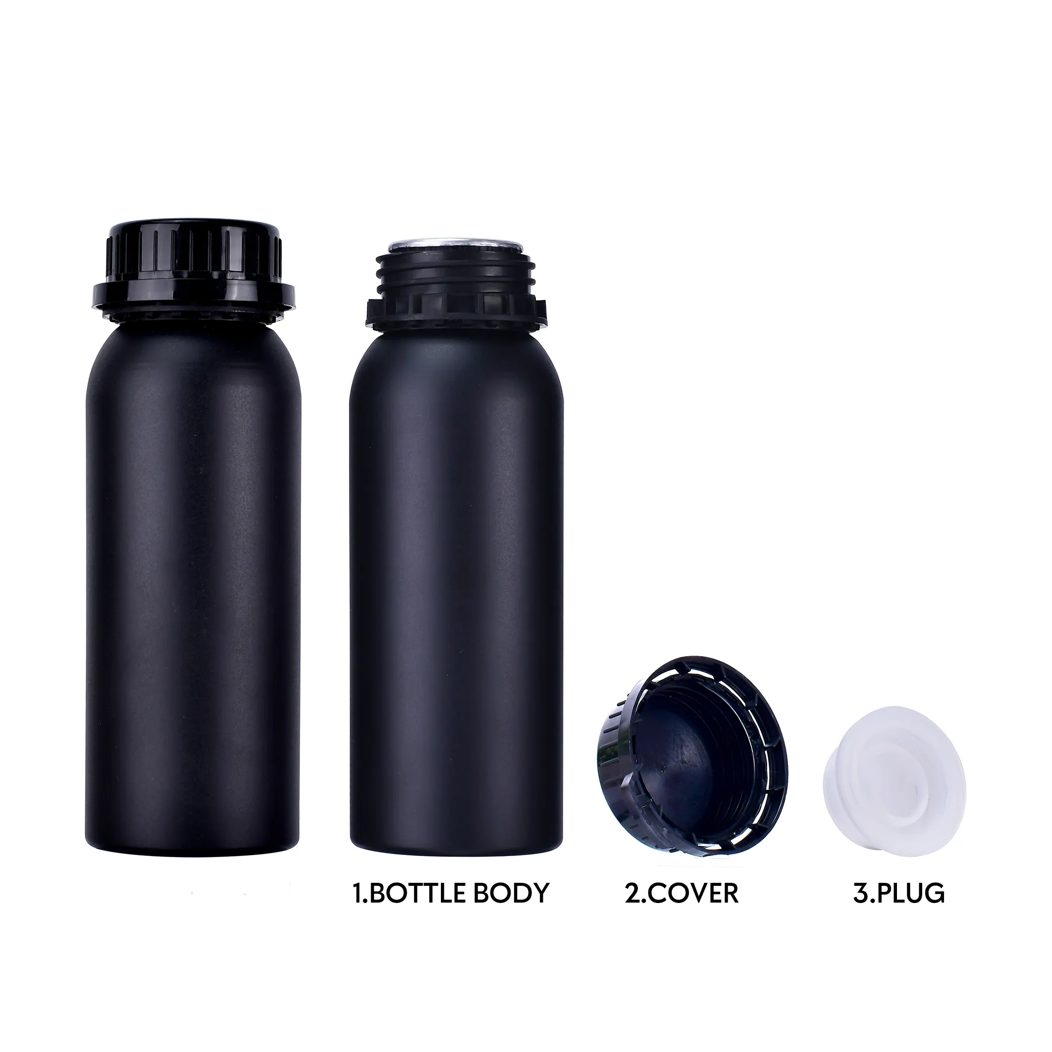 Imballaggio in metallo liquido chimico su misura 100ml 250ml 500ml bottiglie di olio essenziale di alluminio nero opaco con coperchio a prova di manomissione