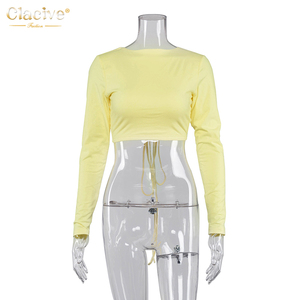 Clacive Nouveau Automne Vêtements À Manches Longues O Cou T Shirt Jaune Élégant Bandage Design Dos Nu Tops T-Shirts Femmes - Product Image 4