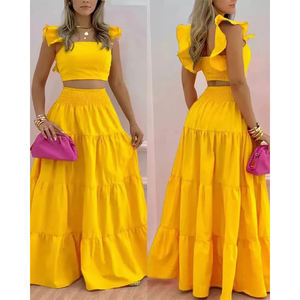 Ensemble jupe et haut court décontracté pour femme, imprimé estival, taille haute, sans manches, à volants, respirant et lavable - Product Image 4