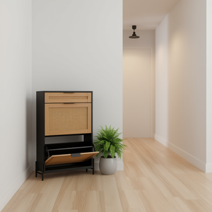 Scarpiera a 2 ante in rattan con gambe in metallo nero, mobile contenitore salvaspazio per ingresso, design scandinavo moderno - Product Image 2