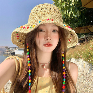 หมวกชาวประมงประดับลูกปัดโดปามีน หมวกปีกกว้างสำหรับผู้หญิง ป้องกันแสงแดด หมวกฟางสไตล์ Y2K หมวกชายหาดฤดูร้อน สีขาวงาช้าง - Product Image 3