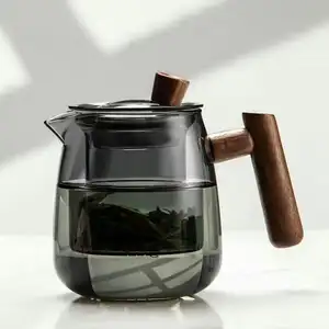 Ensemble de théière en verre Borosilicate résistant à la chaleur avec infuseur à thé en verre et poignée en bois, vente en gros