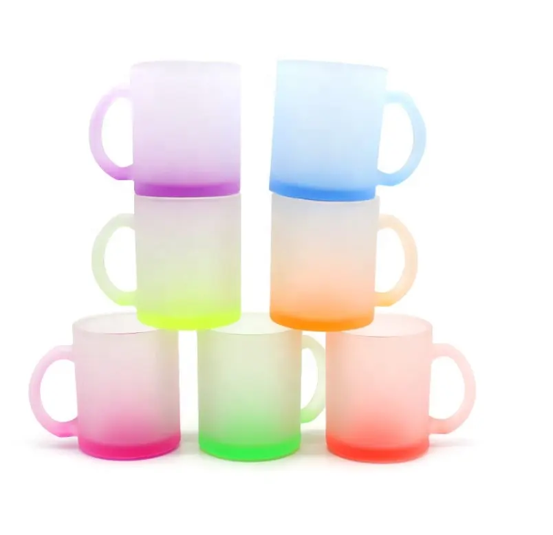 Y-low MOQ 7 warna kustom sublimasi kosong 11oz bir kopi Mug gradien warna neon gelas buram dengan pegangan