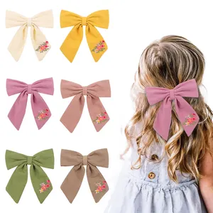 5 inch Long Ribbon Bow Knotted Hair Clip Unique Linen Personalized Custom Bow With Floral Hand Embroidered Hair Bow For Girls