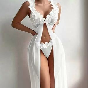 ثوب نوم الأميرة الحلو الوردي شبكة صيد السمك رداء دانتيل زهري شفاف من خلال فتحة رقبة حرف V مفتوح من الأمام قميص طويل من قطعة واحدة - Product Image 4