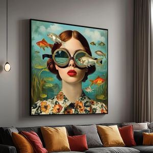 Quadro su Tela con Donna che Vede Pesci Sottoacquei con Occhiali, <span class=keywords><strong>Arte</strong></span> Murale Fantastica Subacquea, Moderno <span class=keywords><strong>Surrealismo</strong></span> - Product Image 1