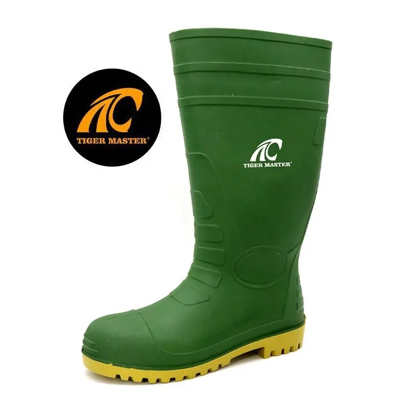CE โลโก้ที่กําหนดเองน้ํามันกรดทนกรดน้ําเป็นกันน้ํา PVC รองเท้าเข่าเหล็กป้องกันการเจาะสีเขียวความปลอดภัยรองเท้าฝน