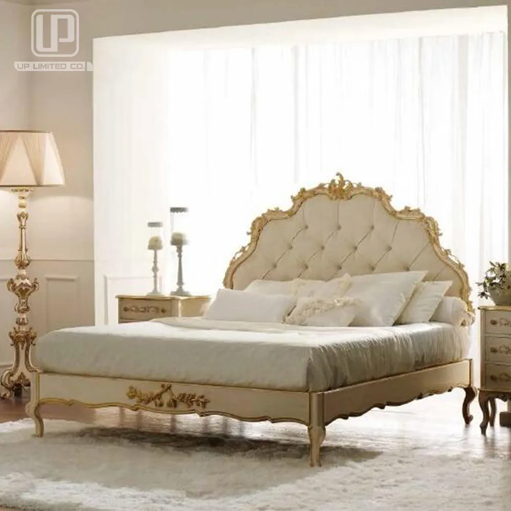 Klassieke Franse Master Slaapkamer Meubels Set Crème Queen Size Bed Met 2 Nachtkastjes En Commode
