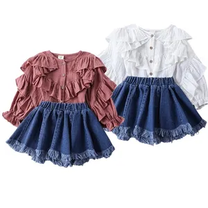 2021 high quality new spring fashion long sleeve tiered ruched solid shirt denim skirt two piece kid children girl clothing set