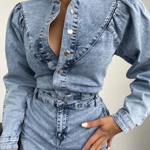 Vestido vaquero de mujer con cuello en V profundo, manga larga, doble capa, plisado, informal, holgado, para verano - Product Image 2