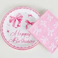 Ensemble de vaisselle jetable en papier rose sur le thème du nœud rose, écologique, parfait pour les célébrations d'anniversaire, vente en gros