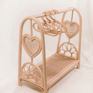 Meticulously handcrafted open wardrobe for <b>dolls</b> with delicate heart-shaped details, made in Vietnam - Product Image 1