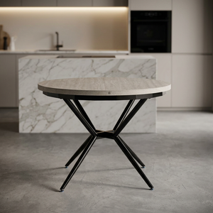 Modern Round to Oval Extendable Dining <b>Table</b> with X-Shaped Metal <b>Legs</b> - Stone Texture Wooden Top Kitchen <b>Table</b> - Space Saving - Product Image 1