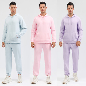 Ensemble sweat-shirt et pantalon de survêtement pour homme, couleur unie, tissu French Terry, tenue décontractée sport deux pièces avec logo imprimé pour l'automne et l'hiver - Product Image 4